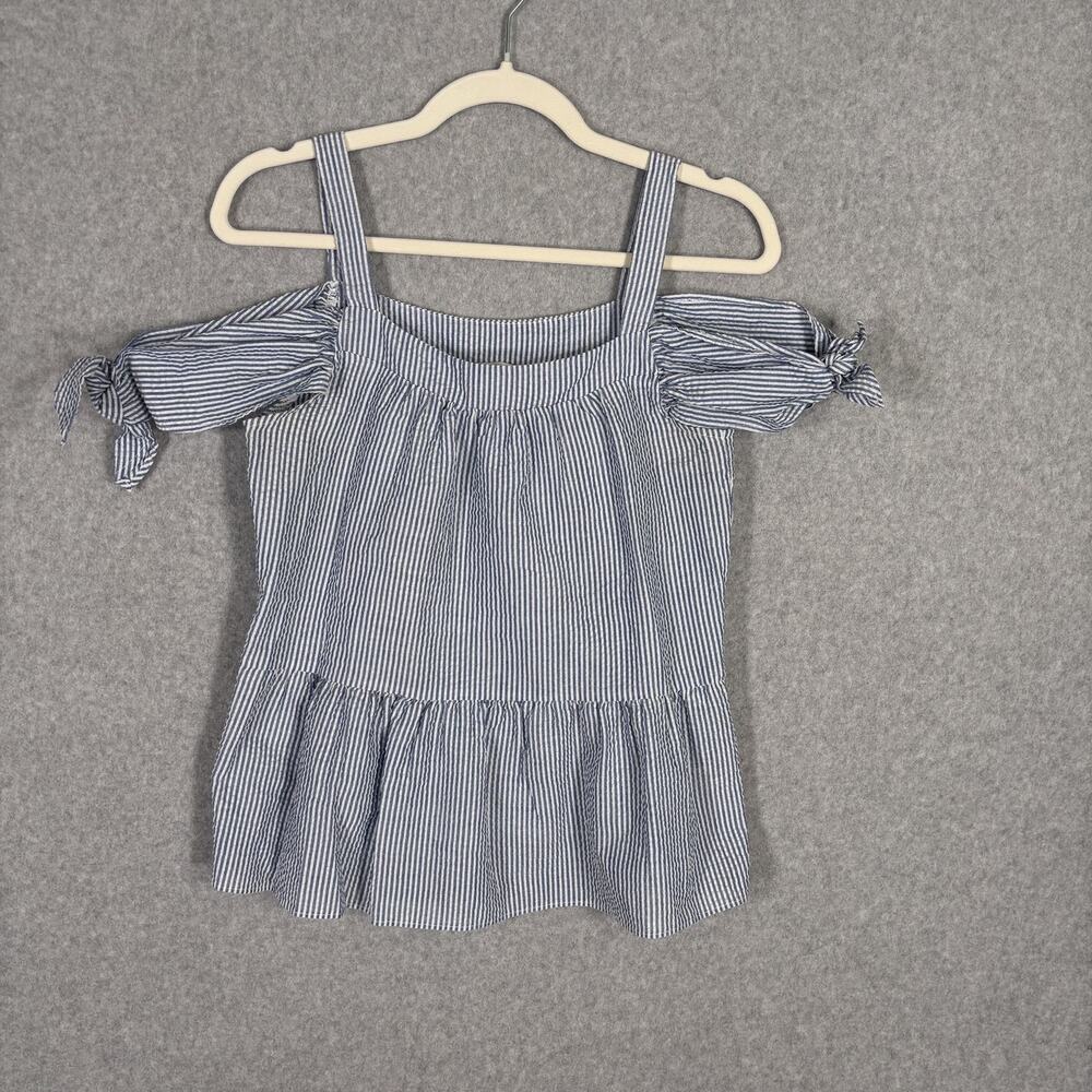 Moa Moa Seersucker Tank Top Small Blue White Striped Ruffle Bow‎ Preppy Nautical